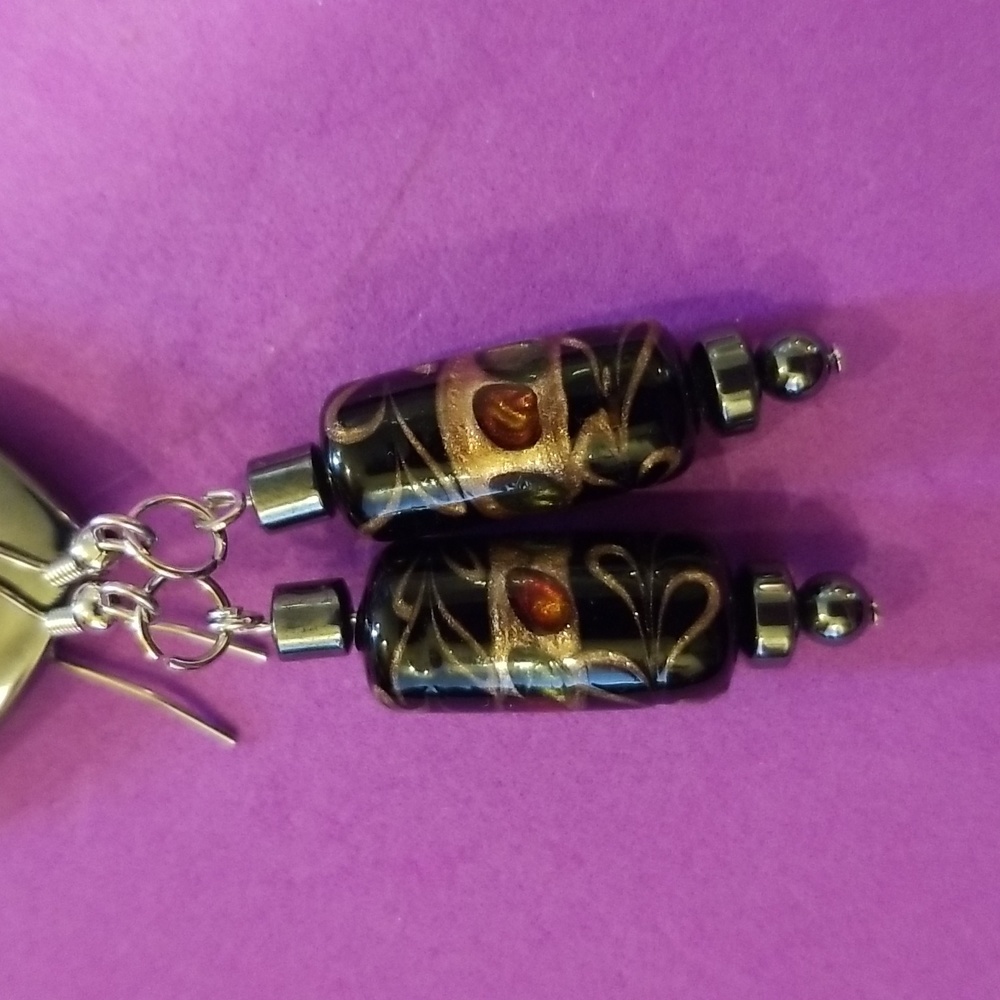 Black Hand Painted Dangle Earrings Jewelry. Hypoallergenic. 07/15/125